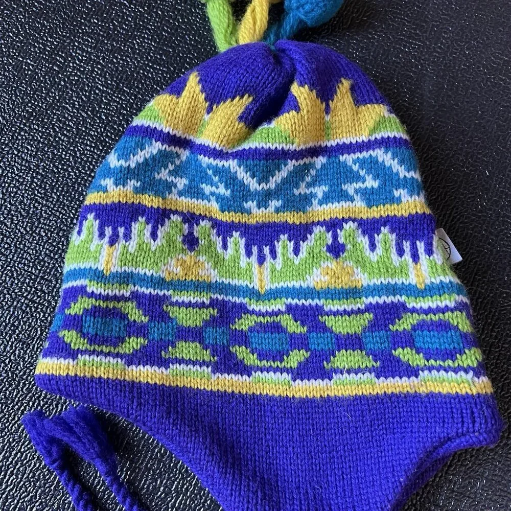Vintage Igloos Purple Yellow‎ Nordic Knit Wool Beanie Hat Ear Flaps Ski Vikings